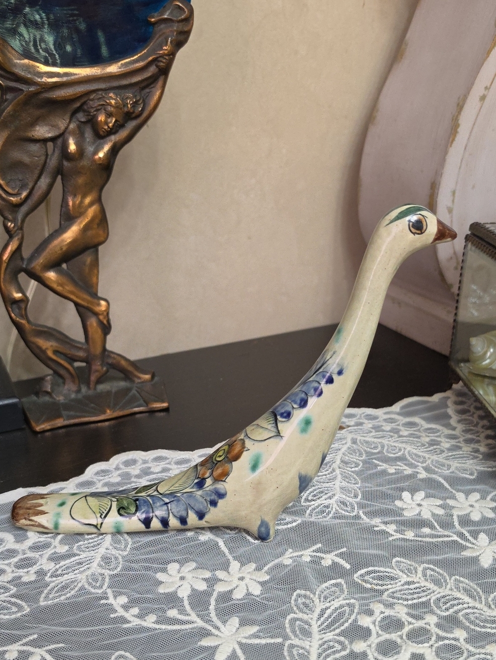Vtg 1970 Tonala Mexico Hand-Painted Ceramic Bird Figurine in Cream Blue Flowers